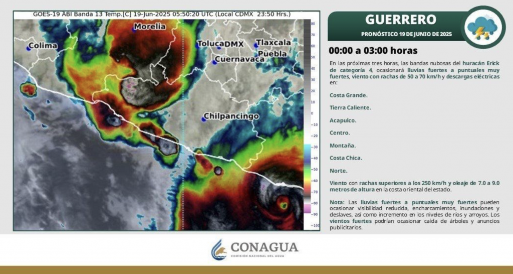 El huracán Erick se localiza muy cerca de las costas de #Oaxaca y #Guerrero, se prevé que impacte durante la mañana del jueves como un huracán de categoría 4 entre Lagunas de Chacahua, Oaxaca, y Punta Maldonado, Guerrero.